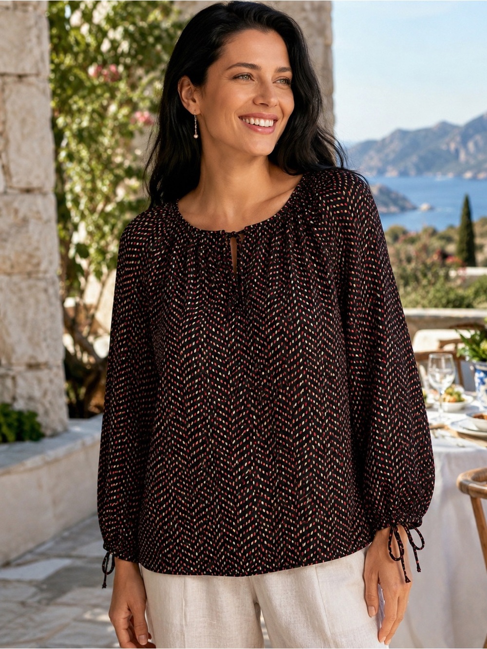 🧶Pleione Black Blouse with Pink Chevron Print and Tie Sleeves